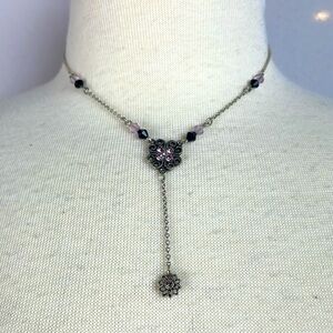 Lia Sophia Brushed Silver Drop Flower Necklace with purple stones